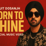 Promotional digital graphic for Diljit Dosanjh's 'Born To Shine' official music video from the G.O.A.T album, featuring the singer in a stylish black turban, sunglasses, and patterned jacket against a bold red background with yellow typography.
