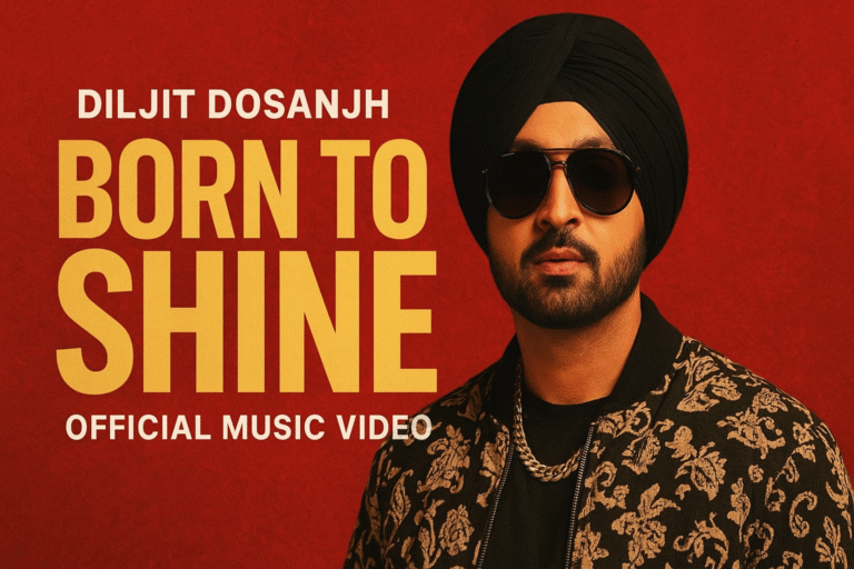 Promotional digital graphic for Diljit Dosanjh's 'Born To Shine' official music video from the G.O.A.T album, featuring the singer in a stylish black turban, sunglasses, and patterned jacket against a bold red background with yellow typography.