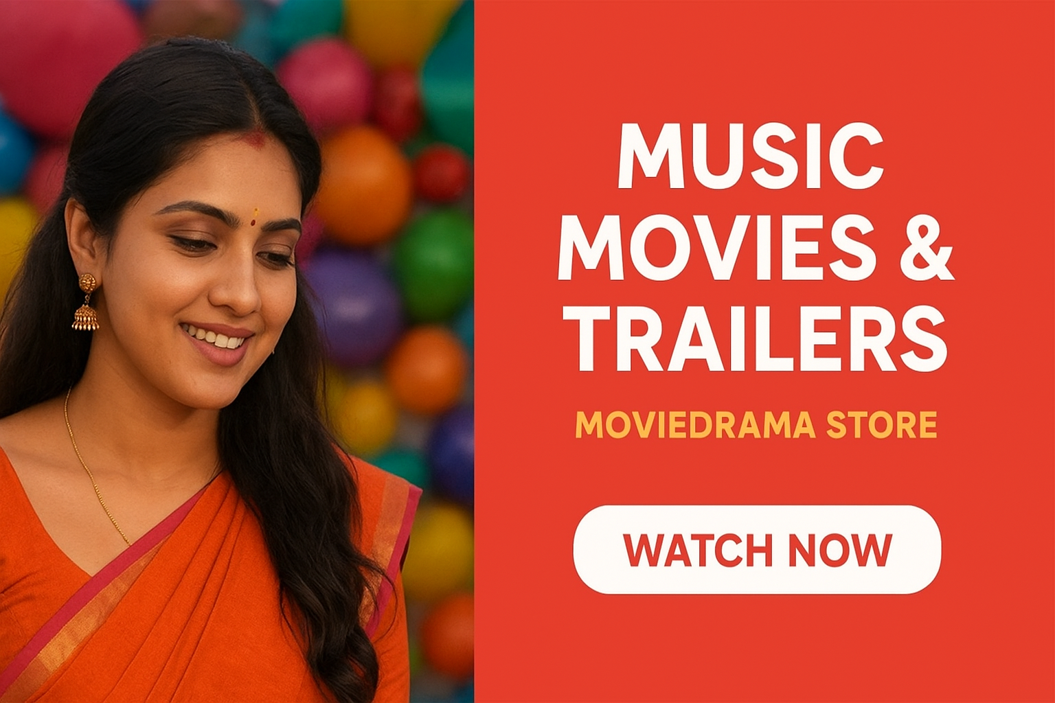 Promotional digital graphic for MovieDrama Store Music page, featuring colorful music notes, film reels, and a cinematic background representing music movies and trailers.