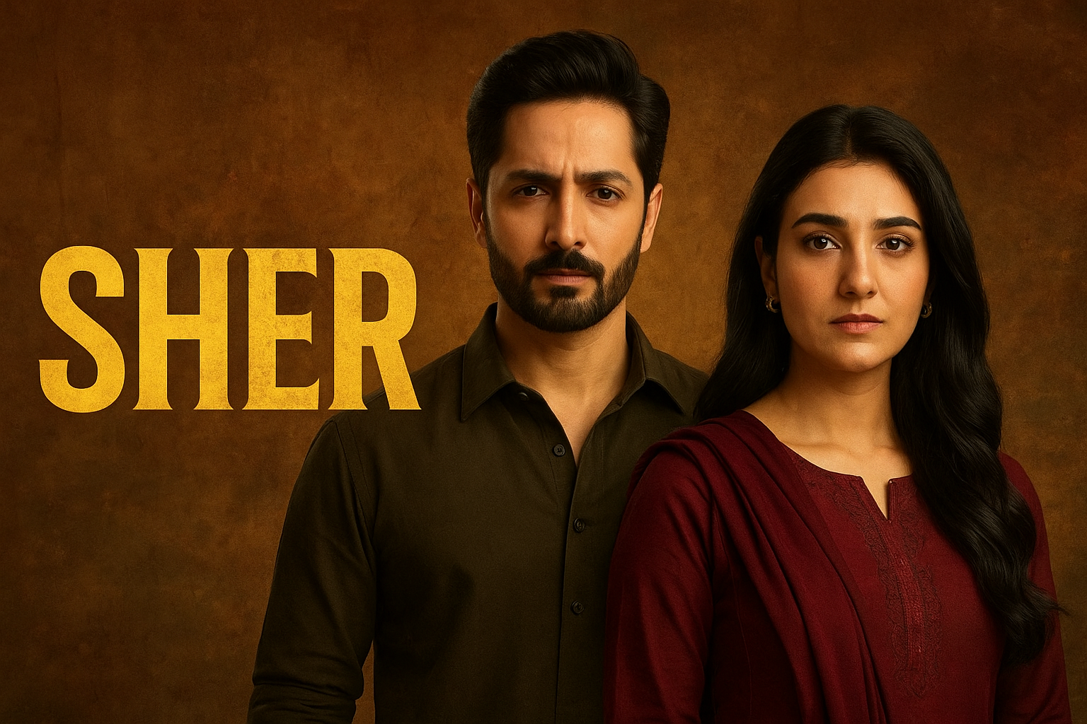 Promotional poster of ARY Digital drama Sher (2025) featuring Danish Taimoor and Sarah Khan, official cast look with bold Sher title in golden typography.