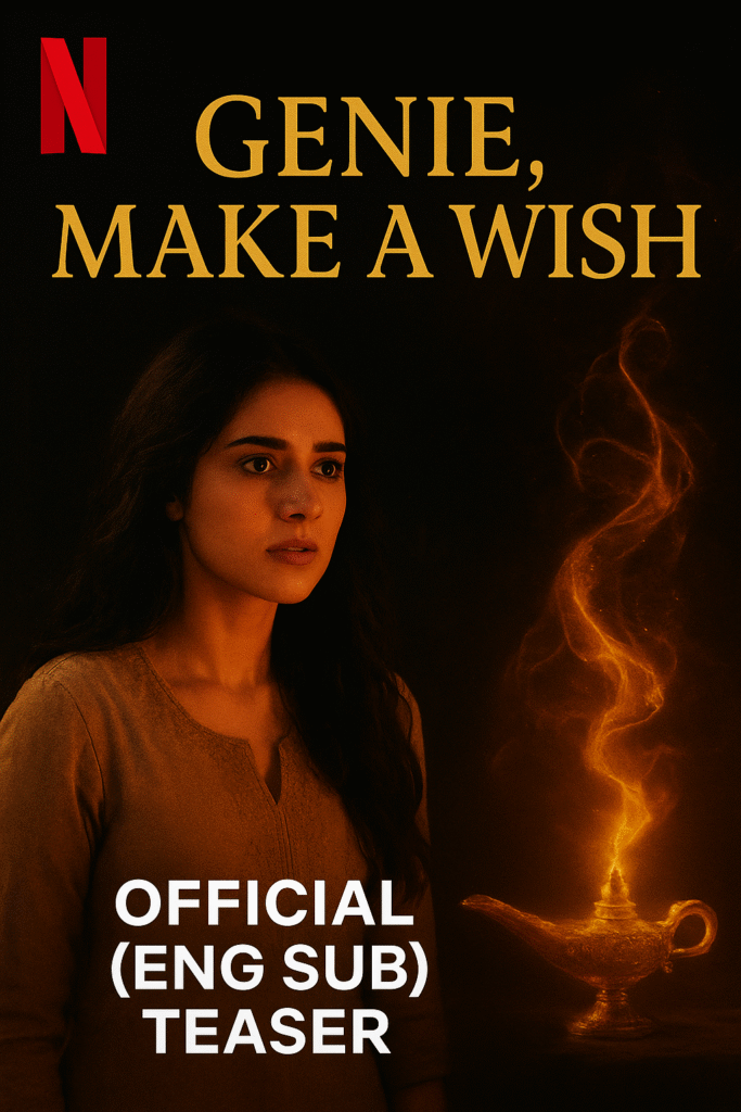 Official Netflix teaser poster for Genie, Make a Wish (2025) showing the female lead beside a glowing magical lamp with swirling golden energy, with ENG SUB teaser text.