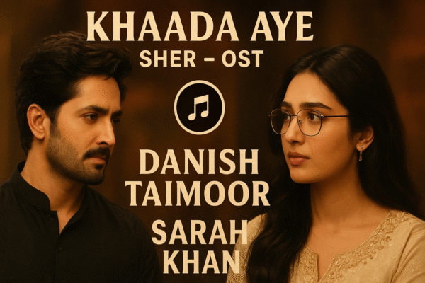 Promotional poster of Khaada Aye OST from drama Sher featuring Danish Taimoor and Sarah Khan with title and music label.